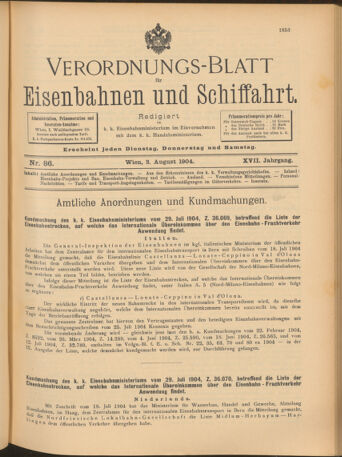 Verordnungs-Blatt für Eisenbahnen und Schiffahrt: Veröffentlichungen in Tarif- und Transport-Angelegenheiten 19040802 Seite: 1