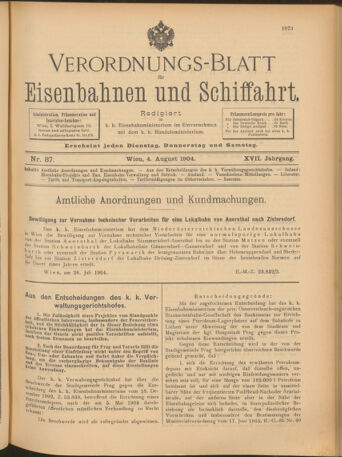 Verordnungs-Blatt für Eisenbahnen und Schiffahrt: Veröffentlichungen in Tarif- und Transport-Angelegenheiten 19040804 Seite: 1