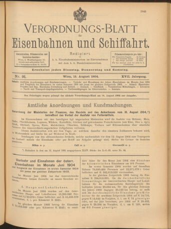 Verordnungs-Blatt für Eisenbahnen und Schiffahrt: Veröffentlichungen in Tarif- und Transport-Angelegenheiten 19040813 Seite: 1