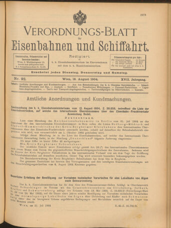 Verordnungs-Blatt für Eisenbahnen und Schiffahrt: Veröffentlichungen in Tarif- und Transport-Angelegenheiten 19040818 Seite: 1