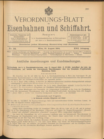 Verordnungs-Blatt für Eisenbahnen und Schiffahrt: Veröffentlichungen in Tarif- und Transport-Angelegenheiten 19040823 Seite: 1