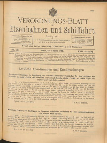 Verordnungs-Blatt für Eisenbahnen und Schiffahrt: Veröffentlichungen in Tarif- und Transport-Angelegenheiten 19040827 Seite: 1