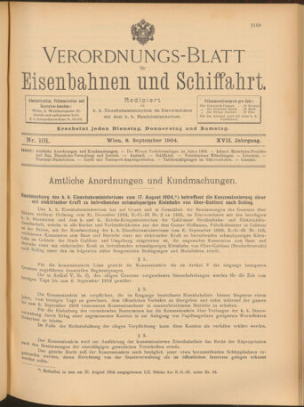 Verordnungs-Blatt für Eisenbahnen und Schiffahrt: Veröffentlichungen in Tarif- und Transport-Angelegenheiten 19040908 Seite: 1