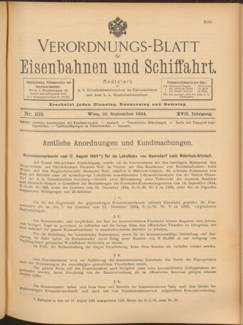 Verordnungs-Blatt für Eisenbahnen und Schiffahrt: Veröffentlichungen in Tarif- und Transport-Angelegenheiten 19040910 Seite: 1