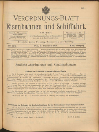 Verordnungs-Blatt für Eisenbahnen und Schiffahrt: Veröffentlichungen in Tarif- und Transport-Angelegenheiten 19040915 Seite: 1