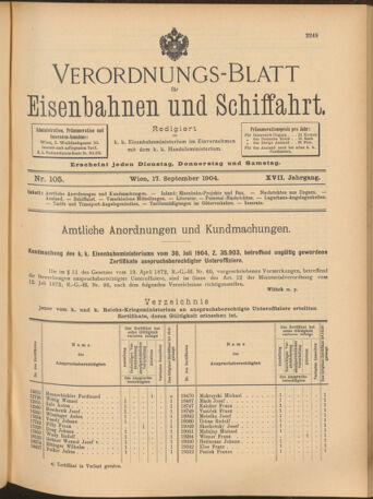 Verordnungs-Blatt für Eisenbahnen und Schiffahrt: Veröffentlichungen in Tarif- und Transport-Angelegenheiten 19040917 Seite: 1