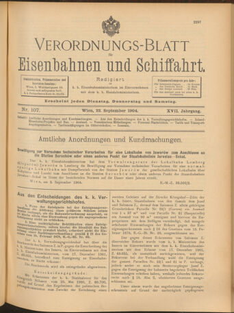 Verordnungs-Blatt für Eisenbahnen und Schiffahrt: Veröffentlichungen in Tarif- und Transport-Angelegenheiten 19040922 Seite: 1