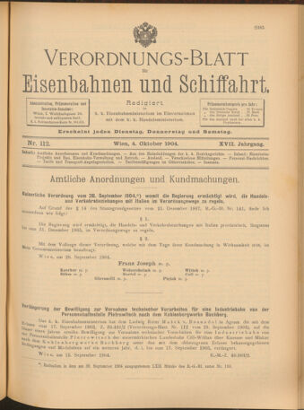 Verordnungs-Blatt für Eisenbahnen und Schiffahrt: Veröffentlichungen in Tarif- und Transport-Angelegenheiten 19041004 Seite: 1