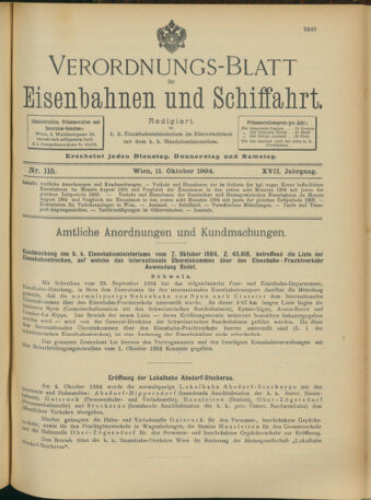 Verordnungs-Blatt für Eisenbahnen und Schiffahrt: Veröffentlichungen in Tarif- und Transport-Angelegenheiten 19041011 Seite: 1