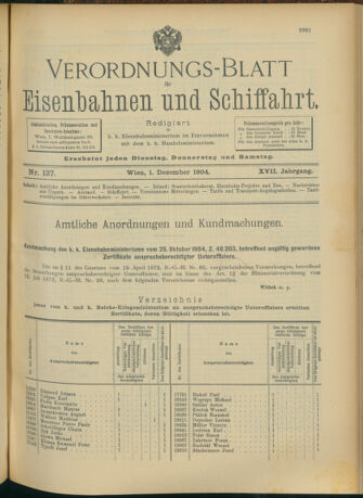 Verordnungs-Blatt für Eisenbahnen und Schiffahrt: Veröffentlichungen in Tarif- und Transport-Angelegenheiten 19041201 Seite: 1