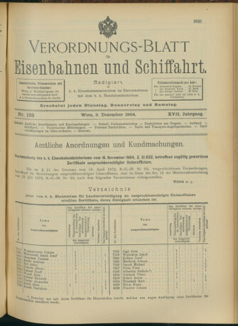 Verordnungs-Blatt für Eisenbahnen und Schiffahrt: Veröffentlichungen in Tarif- und Transport-Angelegenheiten 19041203 Seite: 1