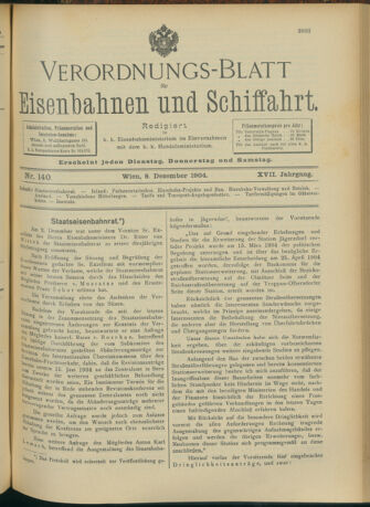 Verordnungs-Blatt für Eisenbahnen und Schiffahrt: Veröffentlichungen in Tarif- und Transport-Angelegenheiten 19041208 Seite: 1