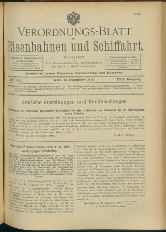 Verordnungs-Blatt für Eisenbahnen und Schiffahrt: Veröffentlichungen in Tarif- und Transport-Angelegenheiten 19041213 Seite: 1