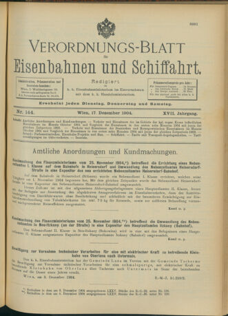 Verordnungs-Blatt für Eisenbahnen und Schiffahrt: Veröffentlichungen in Tarif- und Transport-Angelegenheiten 19041217 Seite: 1