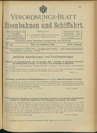 Verordnungs-Blatt für Eisenbahnen und Schiffahrt: Veröffentlichungen in Tarif- und Transport-Angelegenheiten 19041220 Seite: 1