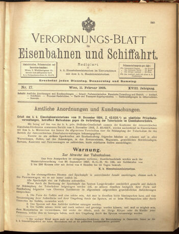 Verordnungs-Blatt für Eisenbahnen und Schiffahrt: Veröffentlichungen in Tarif- und Transport-Angelegenheiten 19050211 Seite: 1