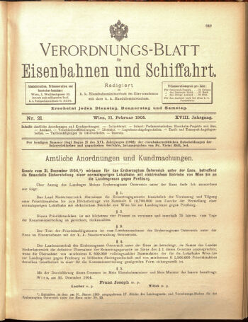 Verordnungs-Blatt für Eisenbahnen und Schiffahrt: Veröffentlichungen in Tarif- und Transport-Angelegenheiten 19050221 Seite: 1