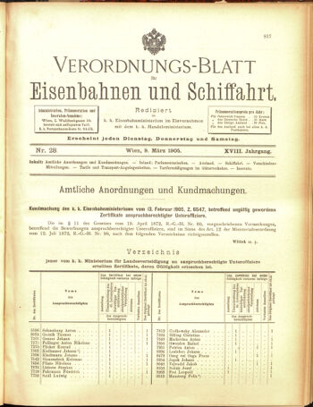 Verordnungs-Blatt für Eisenbahnen und Schiffahrt: Veröffentlichungen in Tarif- und Transport-Angelegenheiten 19050309 Seite: 1