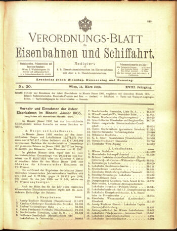 Verordnungs-Blatt für Eisenbahnen und Schiffahrt: Veröffentlichungen in Tarif- und Transport-Angelegenheiten 19050314 Seite: 1