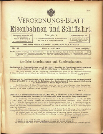 Verordnungs-Blatt für Eisenbahnen und Schiffahrt: Veröffentlichungen in Tarif- und Transport-Angelegenheiten 19050404 Seite: 1