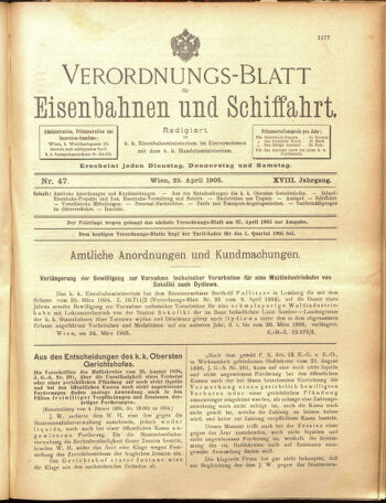 Verordnungs-Blatt für Eisenbahnen und Schiffahrt: Veröffentlichungen in Tarif- und Transport-Angelegenheiten 19050422 Seite: 1