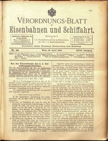 Verordnungs-Blatt für Eisenbahnen und Schiffahrt: Veröffentlichungen in Tarif- und Transport-Angelegenheiten 19050429 Seite: 1