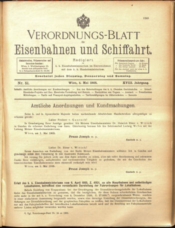 Verordnungs-Blatt für Eisenbahnen und Schiffahrt: Veröffentlichungen in Tarif- und Transport-Angelegenheiten 19050504 Seite: 1