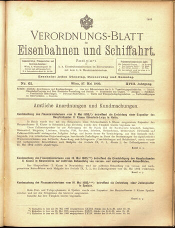 Verordnungs-Blatt für Eisenbahnen und Schiffahrt: Veröffentlichungen in Tarif- und Transport-Angelegenheiten 19050527 Seite: 1