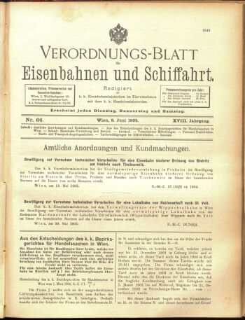 Verordnungs-Blatt für Eisenbahnen und Schiffahrt: Veröffentlichungen in Tarif- und Transport-Angelegenheiten 19050608 Seite: 1