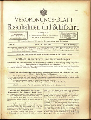 Verordnungs-Blatt für Eisenbahnen und Schiffahrt: Veröffentlichungen in Tarif- und Transport-Angelegenheiten 19050610 Seite: 1