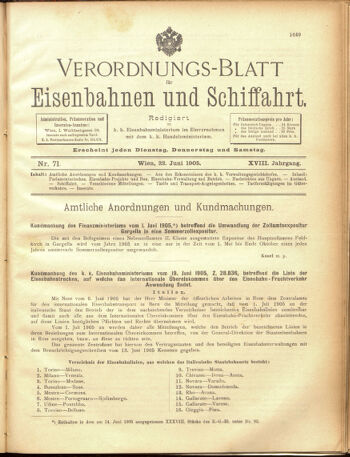 Verordnungs-Blatt für Eisenbahnen und Schiffahrt: Veröffentlichungen in Tarif- und Transport-Angelegenheiten 19050622 Seite: 1