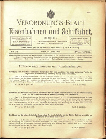 Verordnungs-Blatt für Eisenbahnen und Schiffahrt: Veröffentlichungen in Tarif- und Transport-Angelegenheiten 19050624 Seite: 1