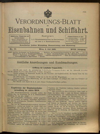 Verordnungs-Blatt für Eisenbahnen und Schiffahrt: Veröffentlichungen in Tarif- und Transport-Angelegenheiten 19050706 Seite: 1