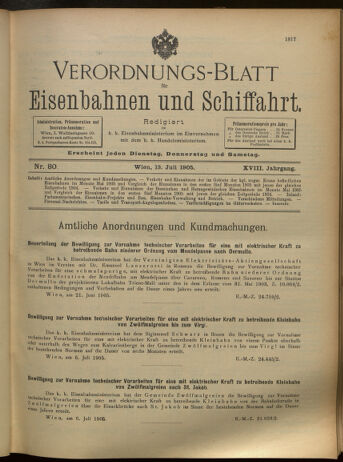 Verordnungs-Blatt für Eisenbahnen und Schiffahrt: Veröffentlichungen in Tarif- und Transport-Angelegenheiten 19050713 Seite: 1