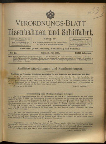 Verordnungs-Blatt für Eisenbahnen und Schiffahrt: Veröffentlichungen in Tarif- und Transport-Angelegenheiten 19050715 Seite: 1