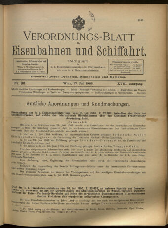 Verordnungs-Blatt für Eisenbahnen und Schiffahrt: Veröffentlichungen in Tarif- und Transport-Angelegenheiten 19050727 Seite: 1