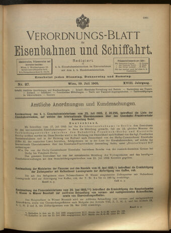 Verordnungs-Blatt für Eisenbahnen und Schiffahrt: Veröffentlichungen in Tarif- und Transport-Angelegenheiten 19050729 Seite: 1