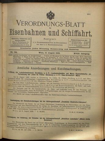 Verordnungs-Blatt für Eisenbahnen und Schiffahrt: Veröffentlichungen in Tarif- und Transport-Angelegenheiten 19050815 Seite: 1