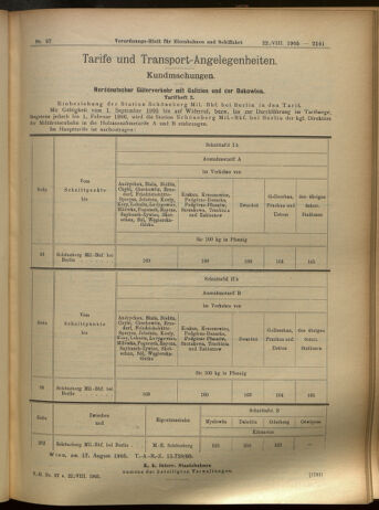 Verordnungs-Blatt für Eisenbahnen und Schiffahrt: Veröffentlichungen in Tarif- und Transport-Angelegenheiten 19050822 Seite: 5