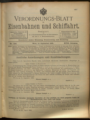 Verordnungs-Blatt für Eisenbahnen und Schiffahrt: Veröffentlichungen in Tarif- und Transport-Angelegenheiten 19050914 Seite: 1