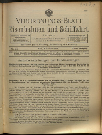 Verordnungs-Blatt für Eisenbahnen und Schiffahrt: Veröffentlichungen in Tarif- und Transport-Angelegenheiten 19051003 Seite: 1