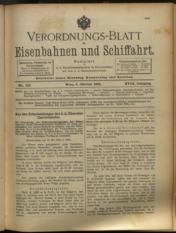 Verordnungs-Blatt für Eisenbahnen und Schiffahrt: Veröffentlichungen in Tarif- und Transport-Angelegenheiten 19051005 Seite: 1