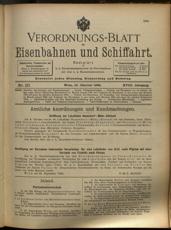 Verordnungs-Blatt für Eisenbahnen und Schiffahrt: Veröffentlichungen in Tarif- und Transport-Angelegenheiten 19051010 Seite: 1