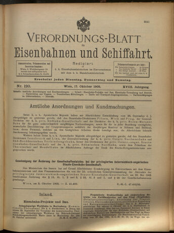 Verordnungs-Blatt für Eisenbahnen und Schiffahrt: Veröffentlichungen in Tarif- und Transport-Angelegenheiten 19051017 Seite: 1