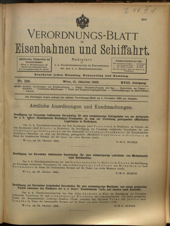 Verordnungs-Blatt für Eisenbahnen und Schiffahrt: Veröffentlichungen in Tarif- und Transport-Angelegenheiten 19051031 Seite: 1