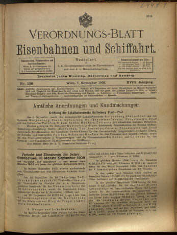 Verordnungs-Blatt für Eisenbahnen und Schiffahrt: Veröffentlichungen in Tarif- und Transport-Angelegenheiten 19051107 Seite: 1