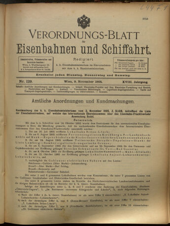 Verordnungs-Blatt für Eisenbahnen und Schiffahrt: Veröffentlichungen in Tarif- und Transport-Angelegenheiten 19051109 Seite: 1