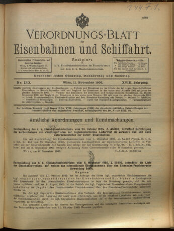 Verordnungs-Blatt für Eisenbahnen und Schiffahrt: Veröffentlichungen in Tarif- und Transport-Angelegenheiten 19051111 Seite: 1