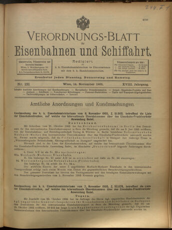 Verordnungs-Blatt für Eisenbahnen und Schiffahrt: Veröffentlichungen in Tarif- und Transport-Angelegenheiten 19051114 Seite: 1