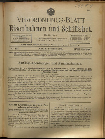 Verordnungs-Blatt für Eisenbahnen und Schiffahrt: Veröffentlichungen in Tarif- und Transport-Angelegenheiten 19051121 Seite: 1